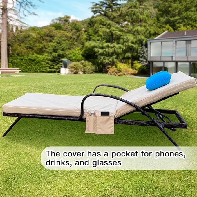 Replacement Covers for Outdoor Chaise Lounge Cushions, 80 x 26 x 3 Inch Patio Lounge Chair Cushion Covers–Waterproof, Fade-Resistant, with 2 Pockets & Inflatable Headrest (Cover Only) Khaki