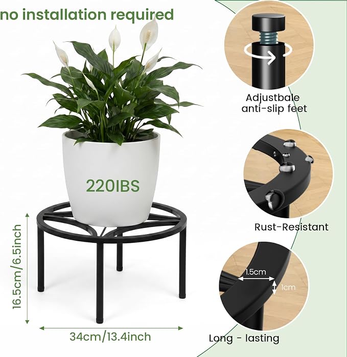 TOSKING 2-Pack Fully Assembled Heavy Duty Metal Plant Stand, Geometric Flower Pot Holder for Heavy Potted Plant, Rustproof Iron Plant Riser with Adjustable Feet, 220 LBS Capacity, No Installation Required, Black (13.4"Dia x 6.5"H)