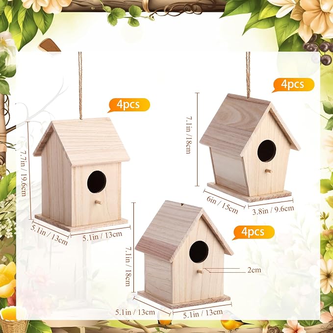 Barydat 6 Pcs Bird Houses Hanging Wooden Bird Houses for Outside DIY Garden Patio Decorative for Swallow Sparrow Hummingbird Finch Throstle Birdhouse Kits Arts and Craft Projects, 3 Sizes
