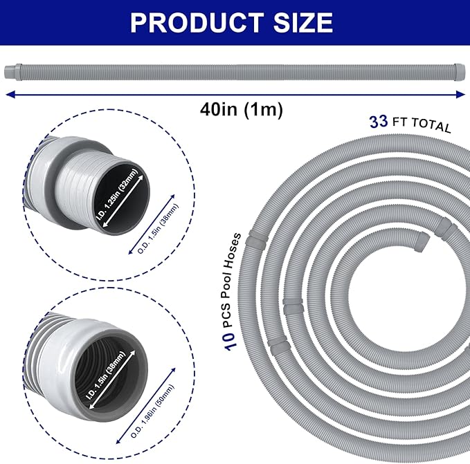 Poolvio Pool Vacuum Hose 33 Feet (10 x 40 Inch), 1.5 Inch Cuffs, Compatible with Most Inground Pool Automatic Cleaners, Gray