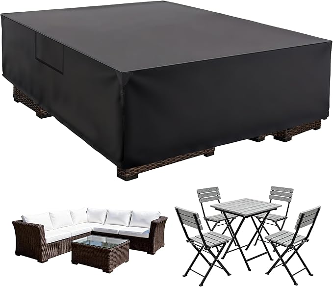 DUMOS Outdoor Furniture Cover, Rectangular Heavy Duty 600D UV Resistant & Waterproof Patio Furniture Covers for Deck Table and Chairs, Backyard Patio Dining Sets, 111"L x 74"W x 28"H, Black