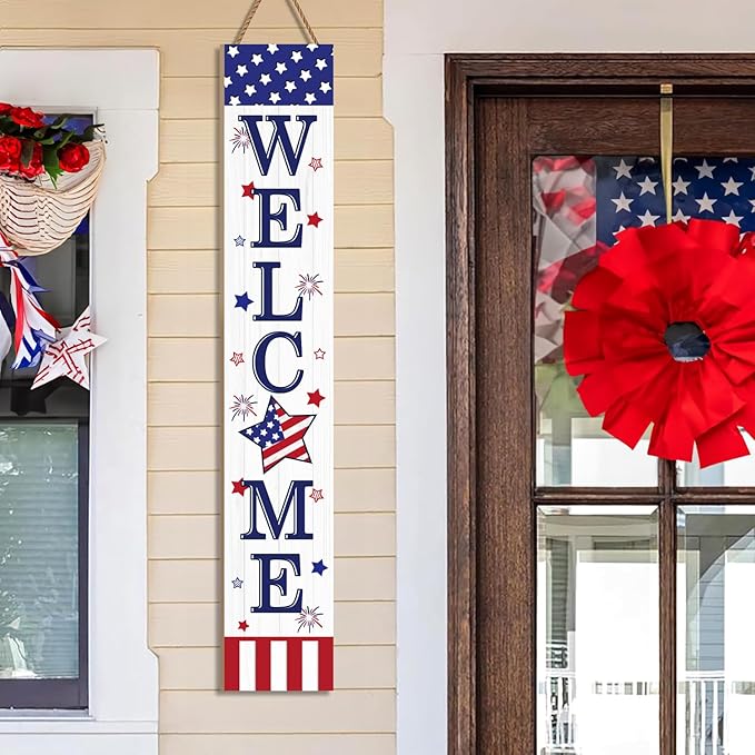 4th of July Welcome Sign for Front Porch, 250th Anniversary Memorial Day Wooden Porch Sign For Outdoor Patio, USA American Flag Standing Yard Sign Summer Door Signs for Garden Wall