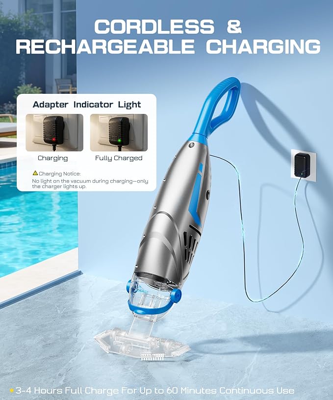 UIRWAY V3 Cordless Pool Vacuum for Above Ground Pools, Upgraded 26.5 GPM Powerful Suction, IPX8 Handheld Rechargeable Cleaner 2 Vacuum Heads & 4 Filter Bags, 1H Runtime, Portable for Inground Pools