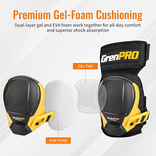 GRENPRO Black Knee Pads for Work - Heavy Duty EVA & Gel Support for Construction, Flooring, Gardening and Cleaning