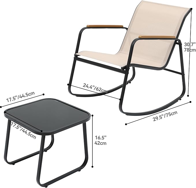 DWVO Patio Rocking Bistro Set, 3 Piece Durable Textilene Outdoor Furniture Set, Wooden Armrest Rocker Chairs & Glass Table for Garden, Balcony & Poolside, Beige