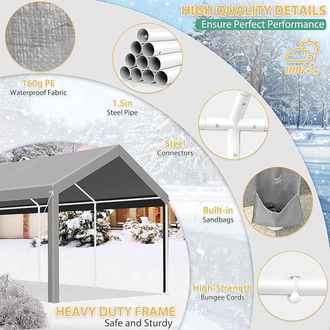 COBIZI 10x20ft Carport Heavy Duty, Portable Garage with Removable Sidewalls, Ventilated Windows & Built-in Sandbags, Waterproof Car Canopy for Truck, Boat with All-Season Tarp, Gray