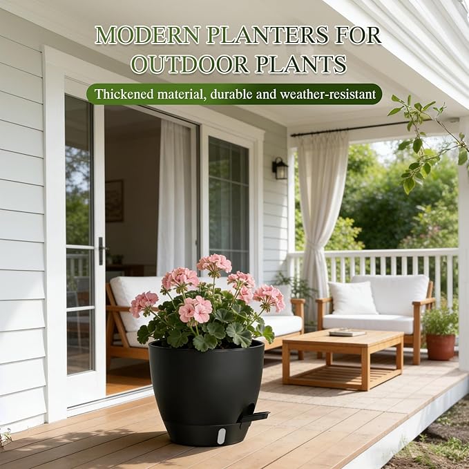 Self Watering Pots with Drainage Holes, 2 Pack 8 Inch Plant Pots with Water Level Indicator Deep Reservoir, Large Plastic Planter for Indoor Outdoor Plants - Black