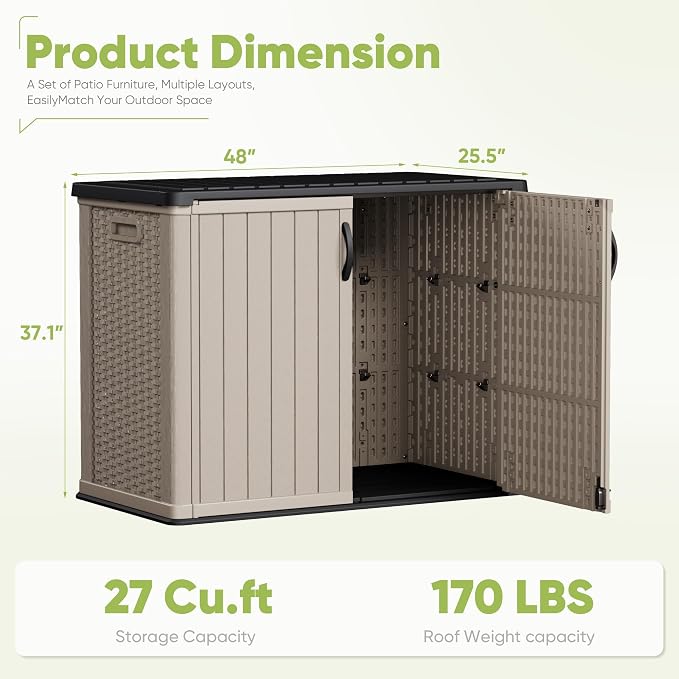 Devoko Outdoor Storage Cabinet 26 Cu Ft with Lockable Doors, Horizontal Storage Shed Waterproof Patio Tools Storage Box for Sofa Cushions, Gardening Tools and Accessories (Beige)