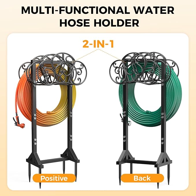 Garden Hose Holder Holds 2 * 160Ft Hoses, Heavy-Duty Freestanding Water Hose Holder with 4 Spikes, Rustproof Hose Stand Hose Hanger Storage Hose Rack for Outside, Yard, Lawn, Farm