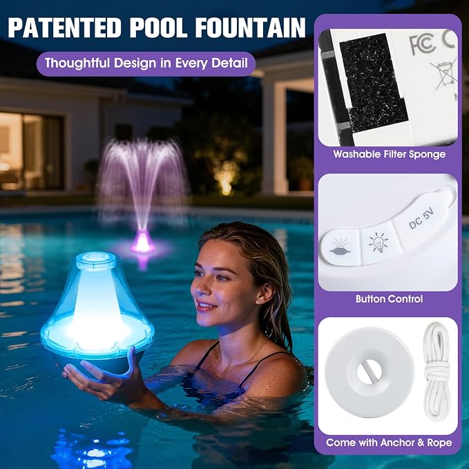 2026 Pool Fountain with Remote,Rechargeable Floating Pool Fountains with 10 Light Show,Pool Water Fountain Pump with Anchor,3 Spray Modes Swimming Pool Fountains for Inground Above Ground Pool