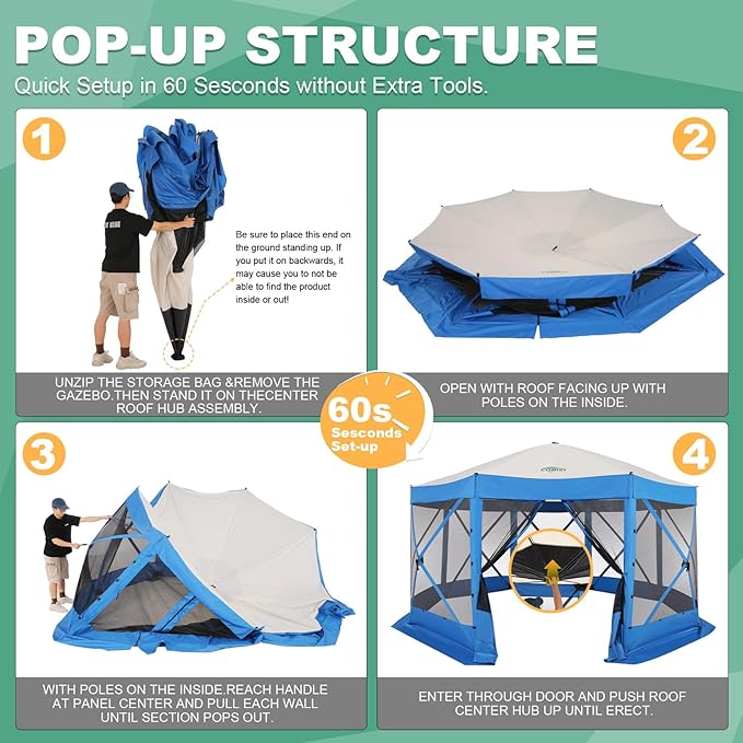 COBIZI 15x15 FT Pop Up Gazebo - Canopy Tent, Large Gazebos On Clearance,Instant Screened in Gazebo,carpas para Patio,Portable Screen Tents for 12-15 Persons Outdoor Camping, Backyard, Blue