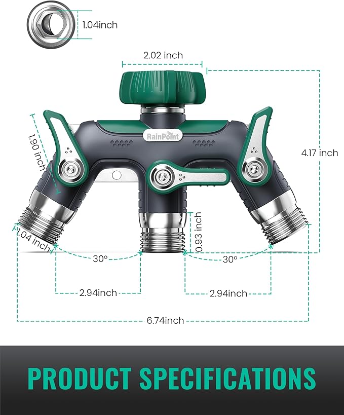 RAINPOINT 3 Way Hose Splitter, 100% Metal Heavy Duty Garden Hose Splitter With 1.9" Extra Long Handle & Individual Shut Off, 3/4 Inch GHT Thread Water Hose Connector For Spigot Faucet (Dark Green)