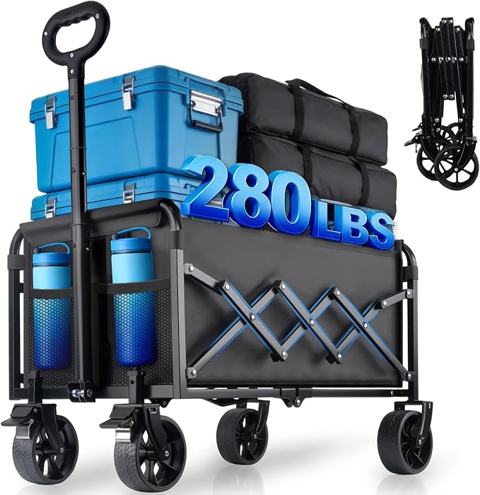 Collapsible Wagon Cart Foldable with Wheels - 280LBS Large Heavy Duty Folding Utility Wagon with All-Terrain Wheels & Brakes for Shopping Garden Beach Camping, 2 Drink Holders/Lightweight/Black