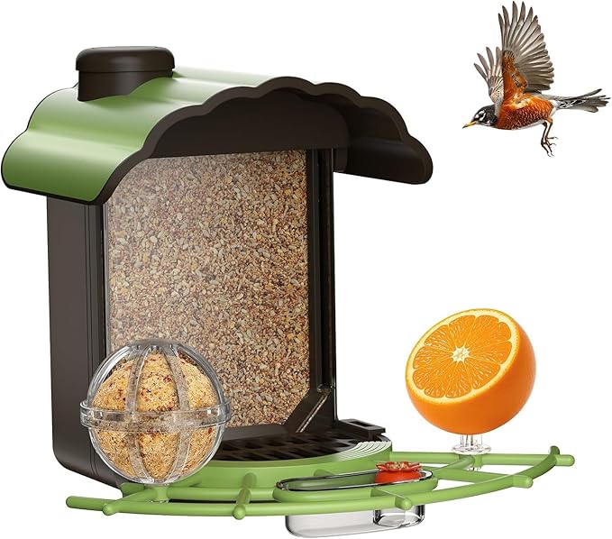 Wild Bird Feeders for Outdoors: Humming Bird Feeder with 4 in 1 Food Tray, 2L Large Capacity, Easy Mount, Suitable for Finch, Cardinal, Safflower and Other Birds, Gift for Birdlovers - Green