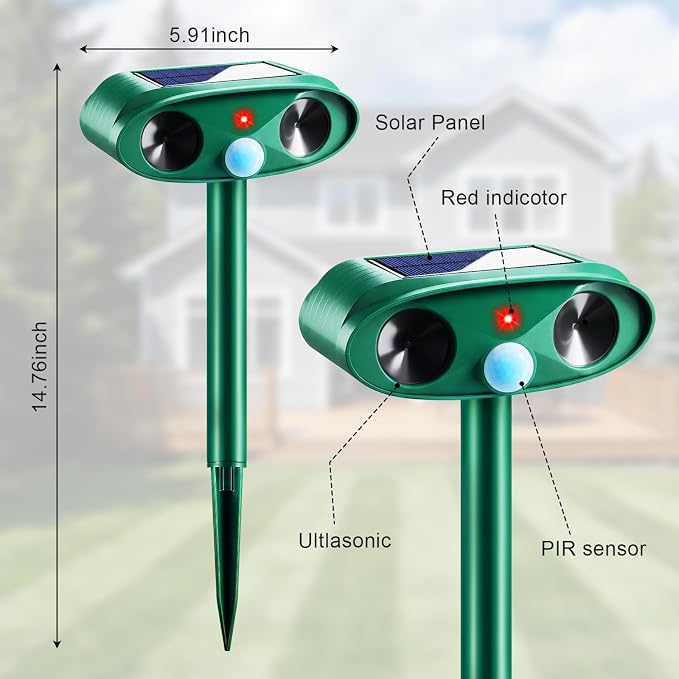 4 Pack Sonic Fortress Pro Deer Repellent Devices- Solar Ultrasonic Animal Repeller Outdoor Weatherproof with Motion Sensor & USB Charging,Deter Cats,Squirrels,Racoons,Rabbits,Skunks for Yard Garden