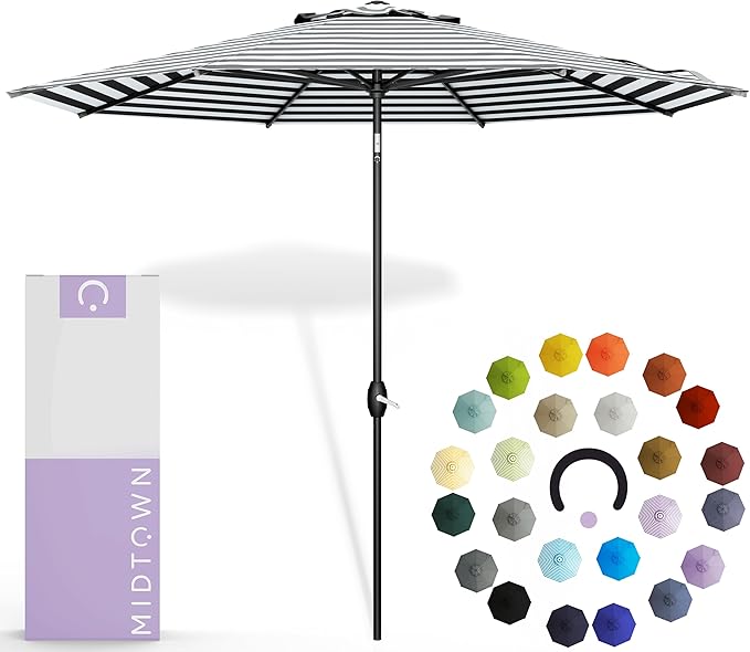 Midtown Umbrellas - 10-Year-No-Fade 9 Ft Patio Umbrella with Terylast Fabric, Auto-Tilt Aluminum Frame and 8 Reinforced Ribs for Deck, Pool, Garden & Beach - Black/White Stripes Canopy, Black Pole