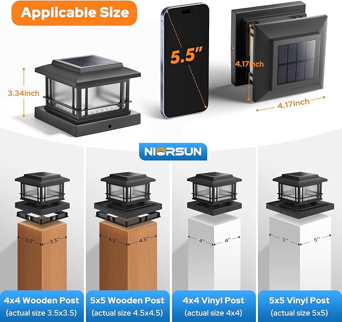 NIORSUN Solar Post Lights Outdoor, Fence Post Solar Lights with Flickering Flame Light & 3 Color Temps, Waterproof, Garden Patio Fence Deck Decor, 4x4 Posts Caps, 4x4, 5x5 Wooden & Vinyl (6Pack,Black)
