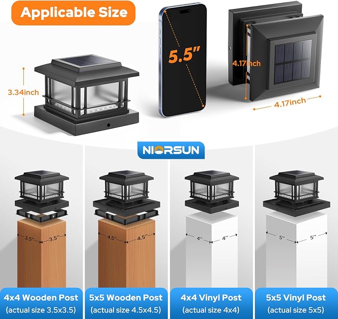 NIORSUN Solar Post Lights Outdoor, Fence Post Solar Lights with Flickering Flame Light & 3 Color Temps, Waterproof, Garden Patio Fence Deck Decor, 4x4 Posts Caps, 4x4, 5x5 Wooden & Vinyl (8Pack,Black)