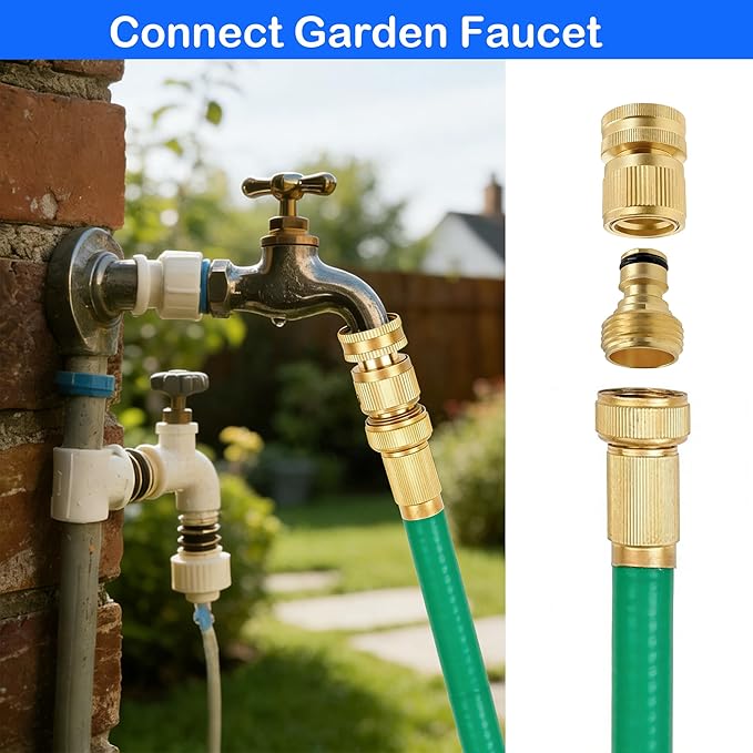 Hourleey Garden Hose Quick Connector, Solid Brass 3/4 Inch GHT Thread Garden Quick Connect Kit, Male and Female No-Leak Water Hose Fittings (4 Set)