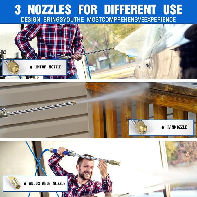 Buyplus Jet Nozzle High Pressure Hose Nozzle, 2-in-1 High Pressure Power Washer for House, Jet Nozzle for Garden Hose Power Washer Wand with 3 Different Tips, Quick Connectors and Gloves, 18 Inch Blue