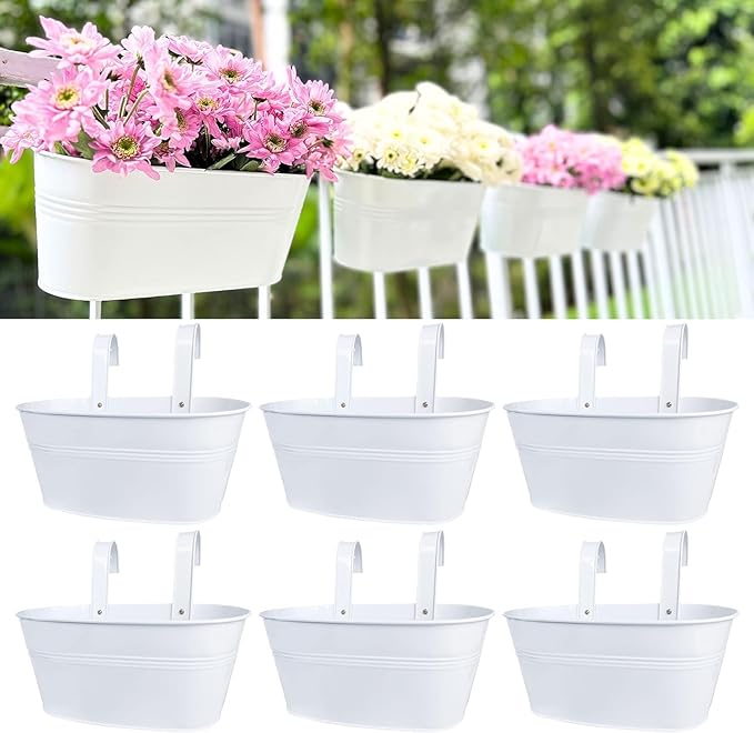 Maxona Metal Iron Hanging Flower Pots, 6 Pack, 11.8 Inch Oval White Railing Fence Hanging Bucket Pots Countryside Style Window Flower Plant Holder with Detachable Hooks Home Décor