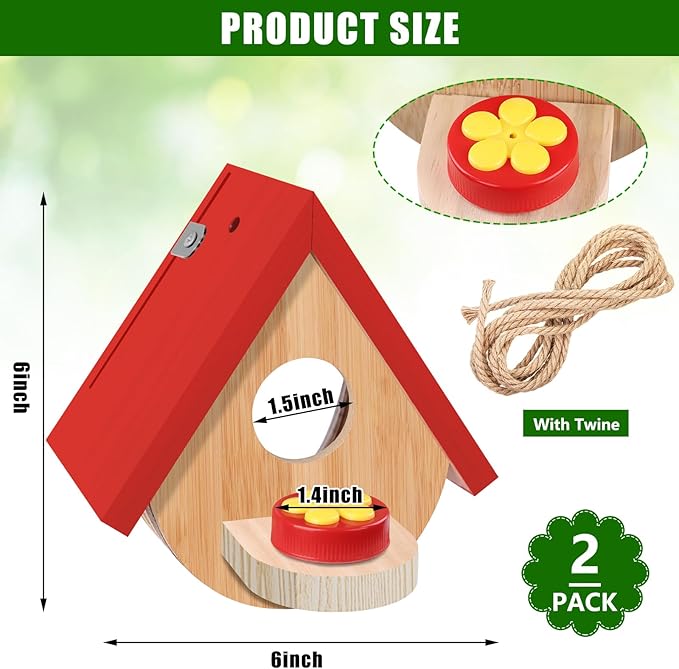 2 Pack Hummingbird Houses with Feeder, Wooden Hanging Bird House Outside, Window Birdhouse for Viewing Inside with Hemp Ropes for Bluebird Finch Chickadee Nesting