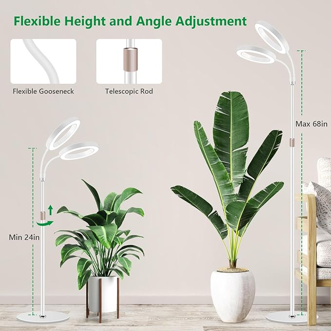 Aumtrly Large Plant Light for Indoor Plants, 2 Head Full Spectrum Grow Light with 68" Adjustable Stand for Growing Large Tall Plants, White Halo Floor LED Grow Lamp with 16 Hour Timer