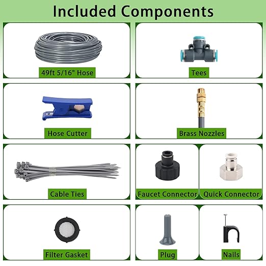49FT 5/16" Quick-Connect Drip Irrigation System Kit, Automatic Garden Watering System with 15 Pcs Adjustable Spray Nozzles for Garden, Greenhouse, Yard, Lawn