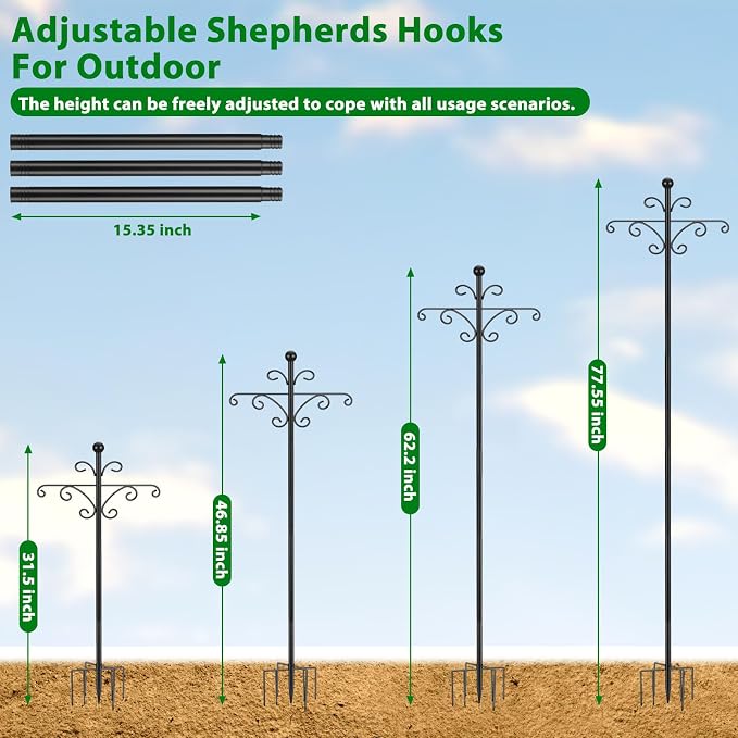 Bird Feeder Pole for Outdoors Heavy Duty Squirrel Proof, 2 Pack 76 Inch Adjustable Tall Shepherds Hooks for Outdoor with 7 Prongs Base, Double Shepherd Hooks (2 Pack Black, 76 Inch)