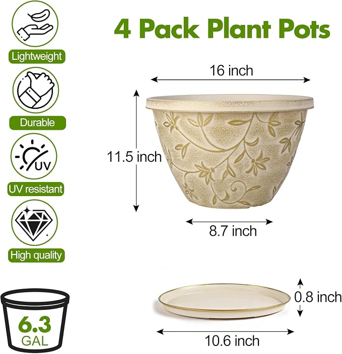Nooulap 4 Pack 16 Inch Plant Pot with Drainage Hole, Plastic Large Indoor Outdoor Planter, Decorative Flower Pot for Patio, Garden & Front Porch, with Gold Flower Partten (Beige)