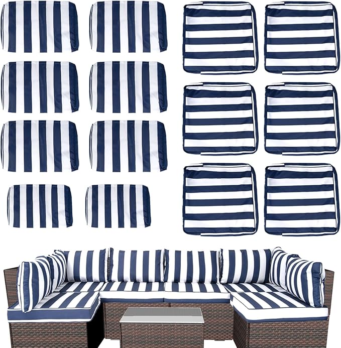 Outdoor Cushion Covers for Patio Furniture, Patio Cushion Covers Replacement with Zipper, Waterproof & Fade Resistant,Only Cover (Blue and White Stripes, 25.6Lx25.6Wx4H - Only Covers)