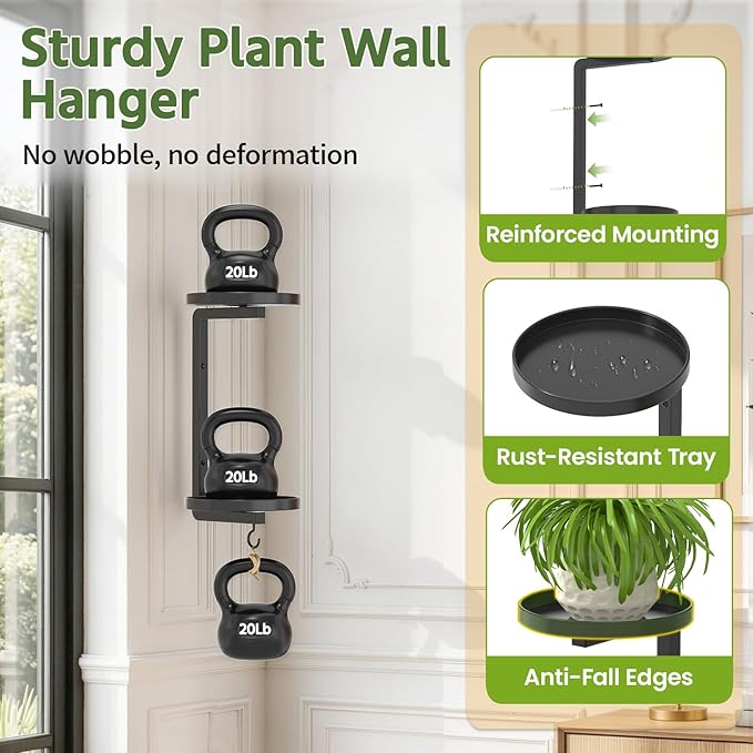 LASZOLA Plant Hangers Shelves Wall Mounted Indoor with Grow Lights, Metal Window Plant Holders, 2Pcs Modern Floating Flower Display Stand with 2 Hooks for Outdoor Kitchen Bathroom Decor, Dark Grey