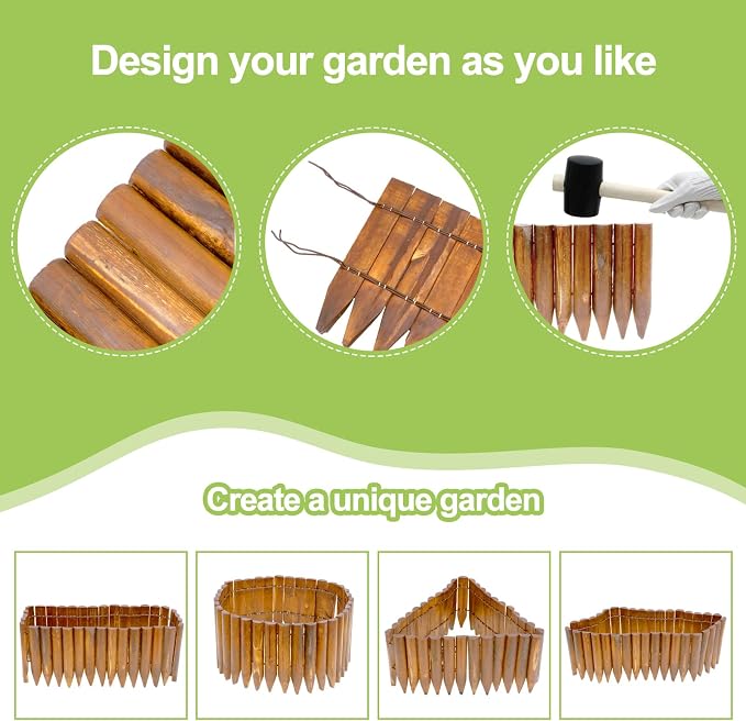 Hicarer 5 Pcs Wood Garden Edging Fence Border, 8" H x 47" L for Each, Wooden Solid Log Landscape Border, Short Decorative Flower Bed Barriers with Gloves & Hammer for Tree Lawn Yard(Light Wood Color)