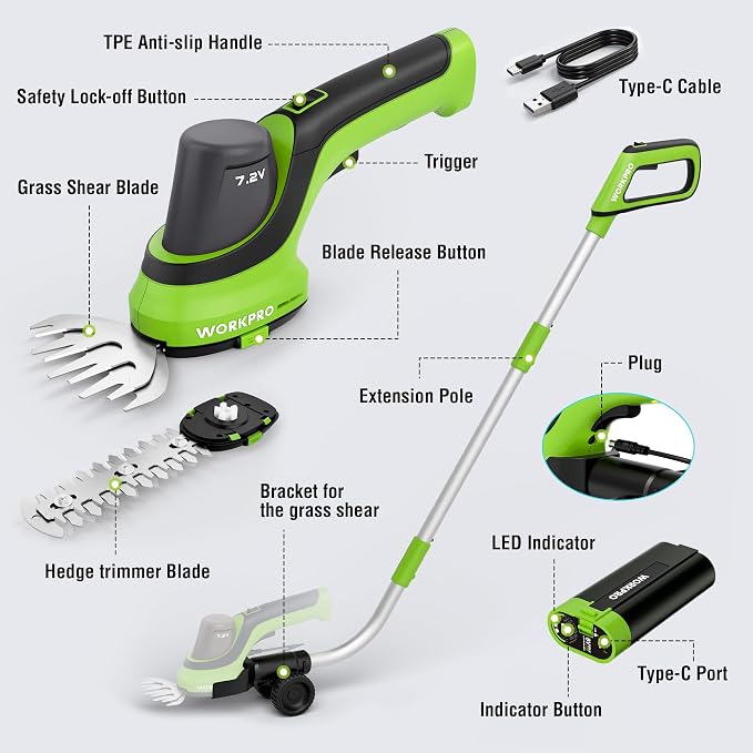 WORKPRO 7.2V Handheld Grass Trimmer, 2-in-1 Cordless Hedge Trimmer & Grass Shears with 44.5” Wheeled Extension Pole, 2Ah Battery, Shrub Trimmer for Lawn Edging, Garden, Yard & Hedge Trimming