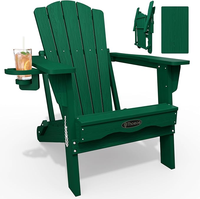 THOEOE Folding Adirondack Chair, HDPE All-Weather Outdoor Chair with Cup Holder, Wooden Textured, Fire Pit Chair, Plastic Patio Chair for Deck, Backyard, Garden, Lawn, Green