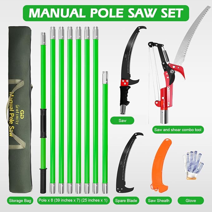 Grefinity Manual Pole Saw, 27 Ft Tree Trimmer, Extendable Pole Saws for Tree Trimming, Sharp Steel Blade and Scissors, for Backyard and Garden Pruning Palms & Shrubs, Green