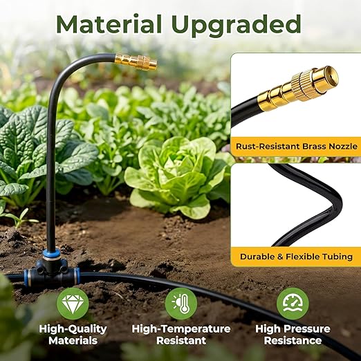 50FT Drip Irrigation Kit, 360° Adjustable Garden Watering System with 1/4" Tubing, Brass Misting Nozzles, DIY Irrigation System for Plants, Raised Beds, Greenhouse