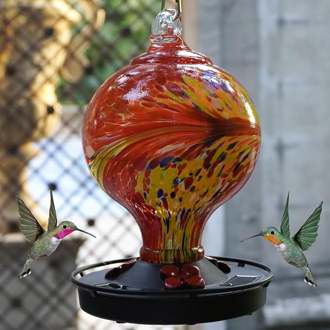 Hummingbird Feeder with Solar Lights for Outdoor Hanging - 27 oz Hand Blown Glass - Gift for Parents Who Have Everything, Red/Flame