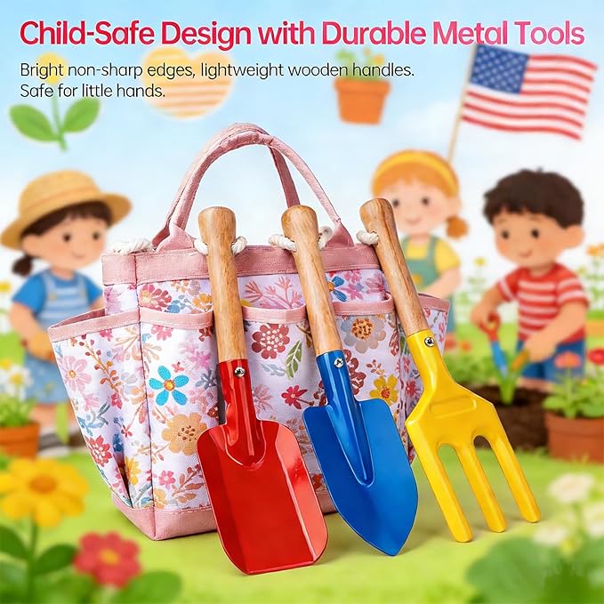 Kids Gardening Tools Set Toddler Gardening Kit with Apron & Tote Bag, Shovel, Fork, Trowel and Gloves, Outdoor Gardening Toys Easter Gifts for Children Ages 3-10