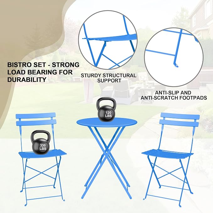 3-Piece Folding Bistro Set, Outdoor Patio Furniture Set with 2 Chairs & 1 Table, Space-Saving Foldable Balcony Garden Set with Heavy-Duty Powder-Coated Steel Frame, No Assembly Required, Blue