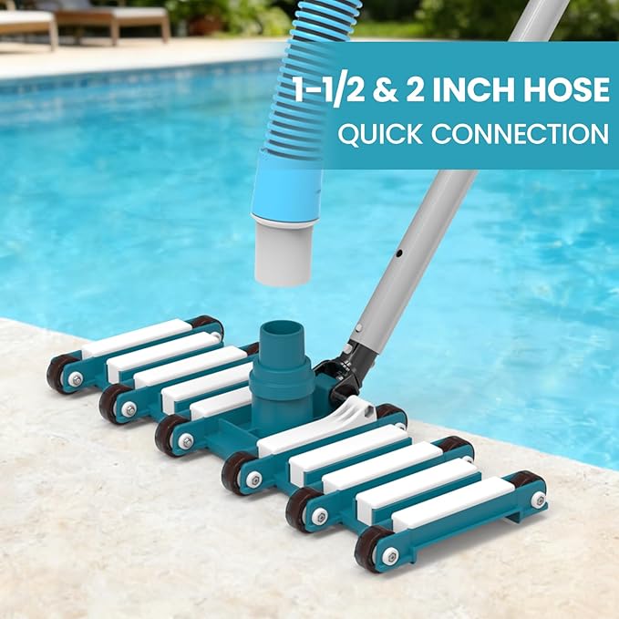 POOLWHALE 19" Professional Weighted Pool Vacuum Head with Wheels, Extra-Wide, Swivel Hose 1-1/2 or 2’’, Flexible Swivel Direction-Control Handle for Swimming Pools - Deep Cleaning on All Surfaces