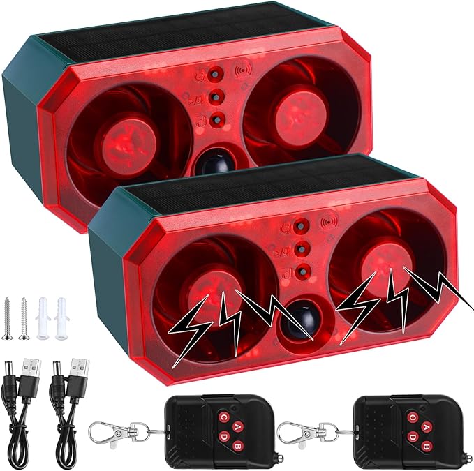 Qualirey 2 Pcs Solar Outdoor Motion Sensor Alarm Motion Sensor Animal Deterrent Dog Barking Alarm 13 Sound 130dB Loud Noise Maker 4 Mode with USB Remote Control Support Recording Volume Adjustment