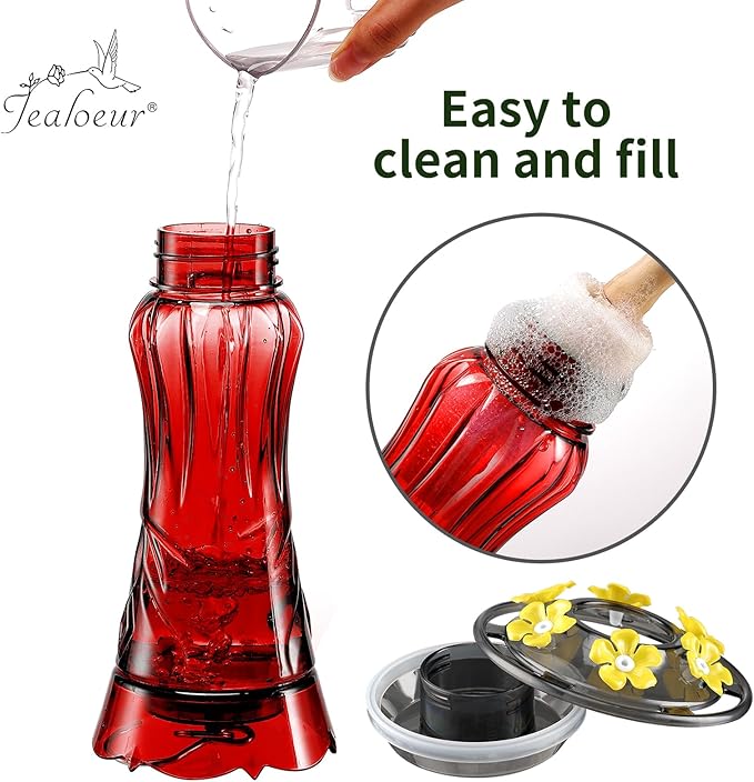 Jealoeur Hummingbird Feeders for Outdoors, Durable Hanging Humming Birds Feeders with 6 Bee Guard Feeding Ports & Built-in Ant Moat, Easy to Clean, Ideal for Garden Decor, 18 OZ, (1, Red)
