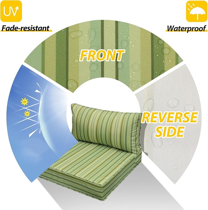 AAAAAcessories Outdoor Seat Cushions for Chairs, Fade-Resistant, Waterproof Patio Furniture Replacement Cushions, 23.5" x 25.5" x 5" + 23.5" x 13.5", Mossy Forest Stripe