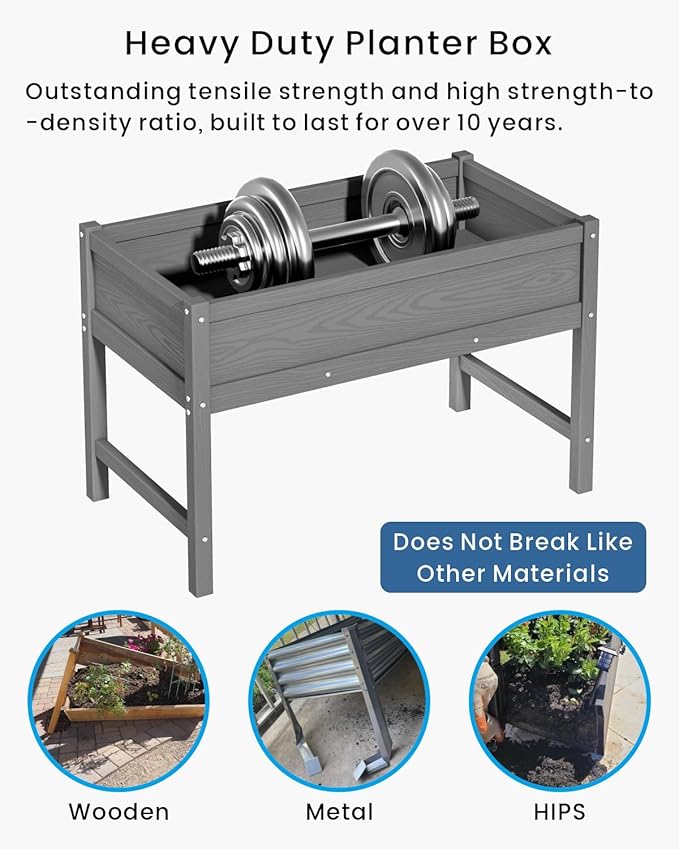 HDPE Raised Garden Bed with Legs, Outdoor All-Weather Elevated Planter Box Raised Beds for Seeds, Herb, Flower, Vegetable (Grey)