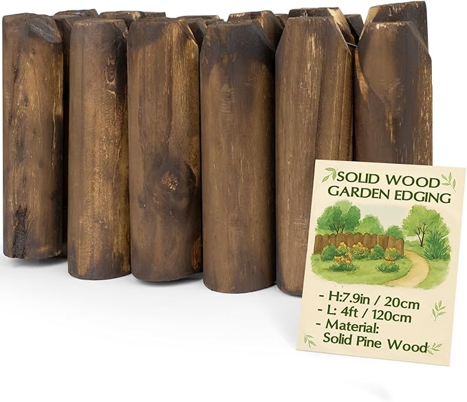 Wood Garden Edging for Landscaping – Half-Round Border Fence for Flower Beds， Pathways & Patio， Natural Decorative Wooden Panels for Garden Landscaping， 7.8in H x 4.0 ft L (1 Pack)
