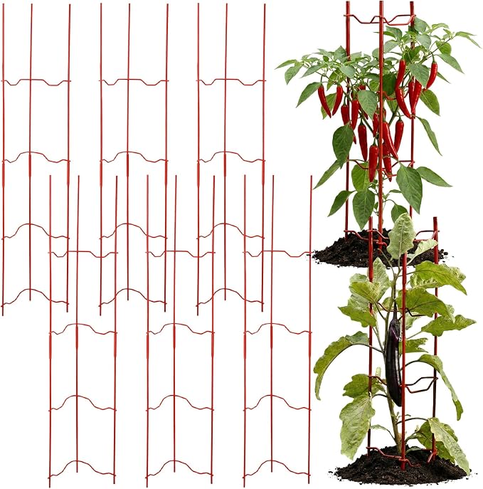 6 Pack Tomato Cage for Garden, 6" W x 6" D x 32" H Pepper and Eggplant Garden Stakes Metal Plant Support Sturdy V-Shape Trellis for Climbing Plants Vegetables Flowers Fruits
