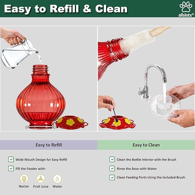 Glass Hummingbird Feeder for Outdoors Hanging, 38 oz Nectar Capacity, 6 Feeding Ports, Leak-Proof Rust-Free Plastic Base, Easy to Refill & Clean, Decorative Red Glass Bird Feeder for Garden Patio