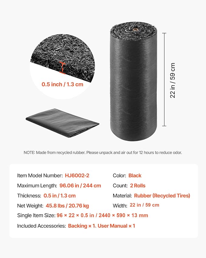 VEVOR Rubber Mulch Mat Roll, 2 Rolls 96 x 24 in Recycled Rubber Mulch Mat, 0.5 Thick Cuttable, Reduced Weed Growth, Natural-Looking Weed Barrier Mat, Permanent Walkway Pathway for Landscaping