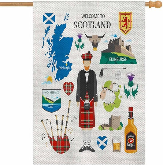 AOYEGO Welcome to Scotland House Flag 28 x 40 Inch Large Vertical Double Sided Travel Collection Scotsman Kilt Icon Map Thistle Seasonal Outside Décor for Garden Yard Farmhouse Flags